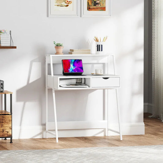 HOMCOM Computer Desk for Small Spaces, School Student Desk Study Writing Desk, Small Corner Desk with Drawer and Storage Shelves