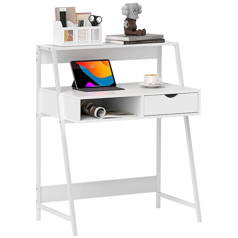 HOMCOM Computer Desk for Small Spaces, School Student Desk Study Writing Desk, Small Corner Desk with Drawer and Storage Shelves