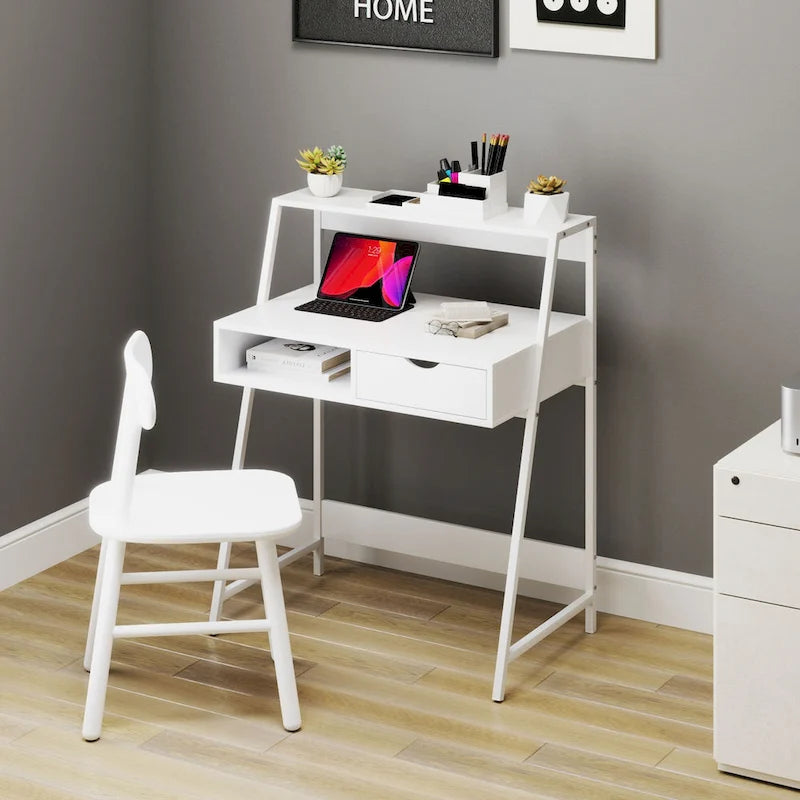 HOMCOM Computer Desk for Small Spaces, School Student Desk Study Writing Desk, Small Corner Desk with Drawer and Storage Shelves
