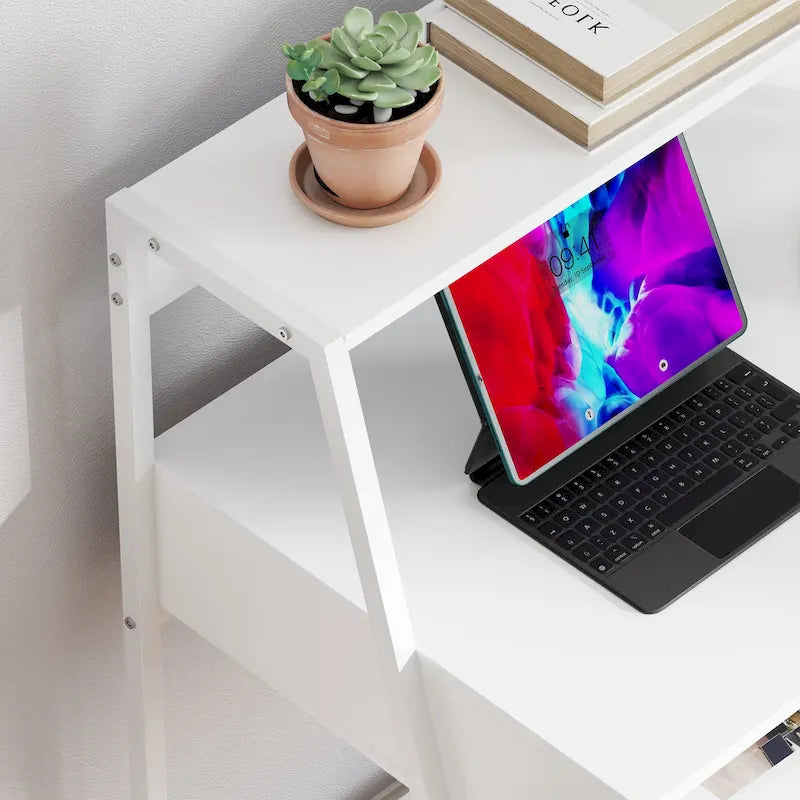 HOMCOM Computer Desk for Small Spaces, School Student Desk Study Writing Desk, Small Corner Desk with Drawer and Storage Shelves