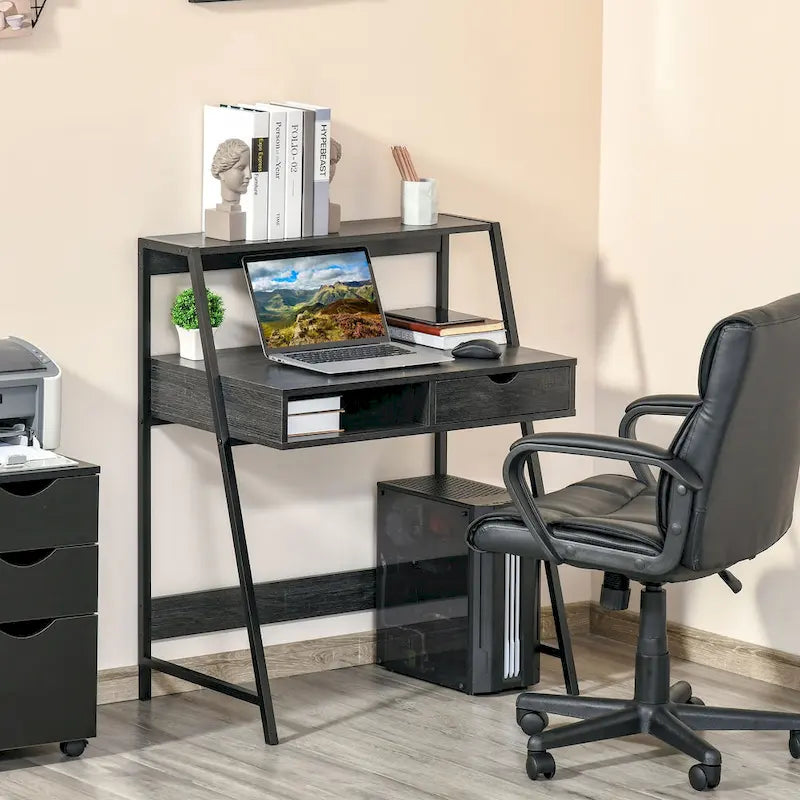 HOMCOM Computer Desk for Small Spaces, School Student Desk Study Writing Desk, Small Corner Desk with Drawer and Storage Shelves