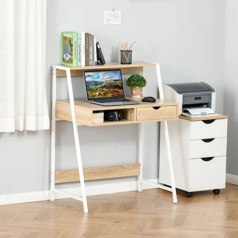 HOMCOM Computer Desk for Small Spaces, School Student Desk Study Writing Desk, Small Corner Desk with Drawer and Storage Shelves