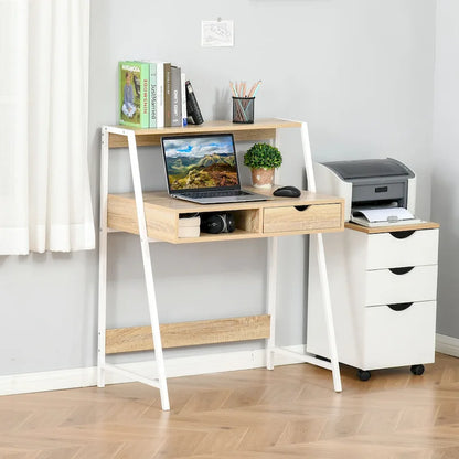 HOMCOM Computer Desk for Small Spaces, School Student Desk Study Writing Desk, Small Corner Desk with Drawer and Storage Shelves