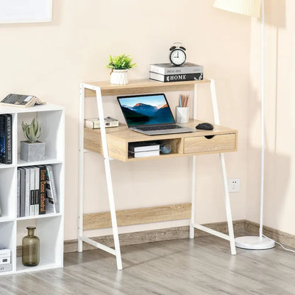 HOMCOM Computer Desk for Small Spaces, School Student Desk Study Writing Desk, Small Corner Desk with Drawer and Storage Shelves