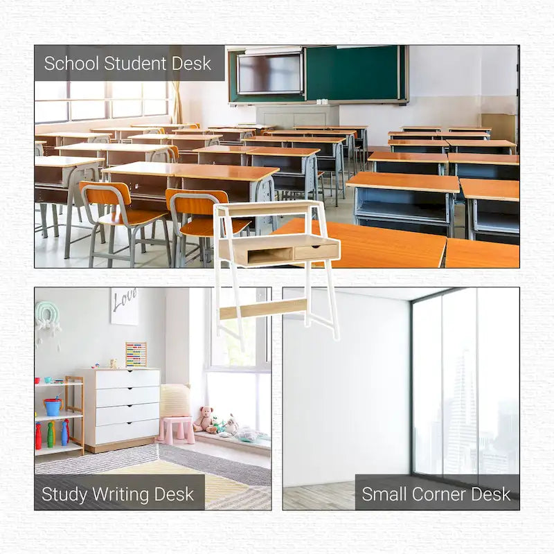 HOMCOM Computer Desk for Small Spaces, School Student Desk Study Writing Desk, Small Corner Desk with Drawer and Storage Shelves