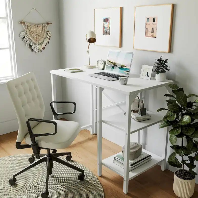 FEZIBO Small Computer Desk, 35 Inch Home Office Desk with Storage Shelves, Study Writing Desk