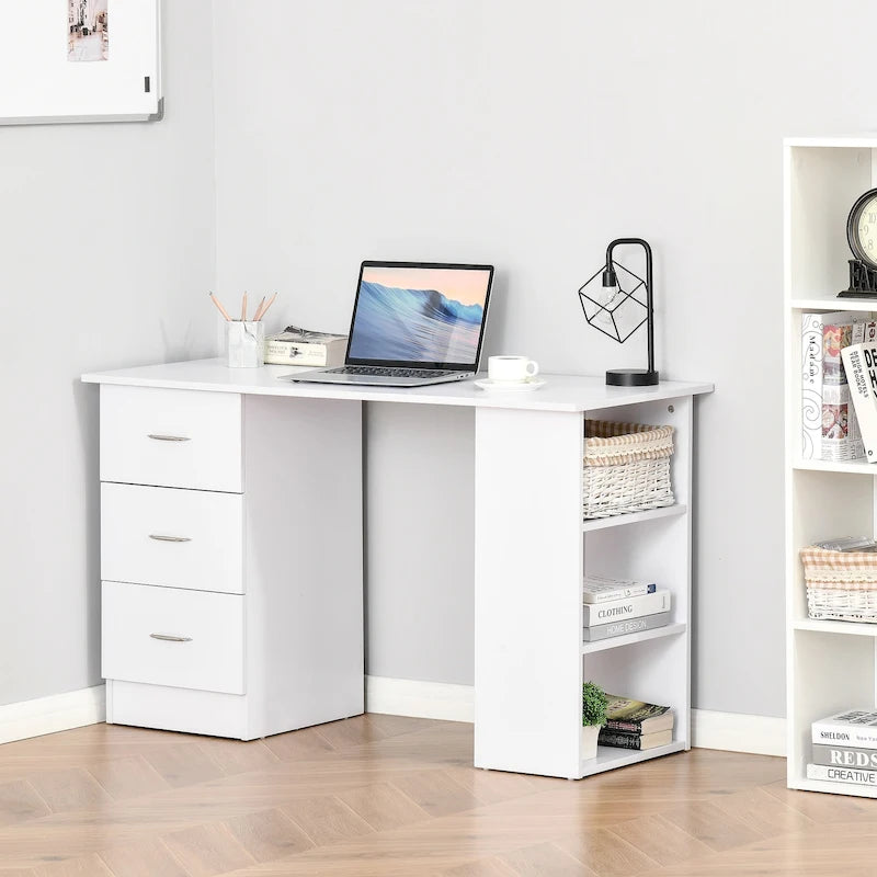 HOMCOM 47 Modern Home Office Computer Desk Bookcase Combo Writing Table Workstation with 3 Drawer and Storage Shelf - White