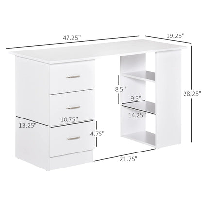 HOMCOM 47 Modern Home Office Computer Desk Bookcase Combo Writing Table Workstation with 3 Drawer and Storage Shelf - White