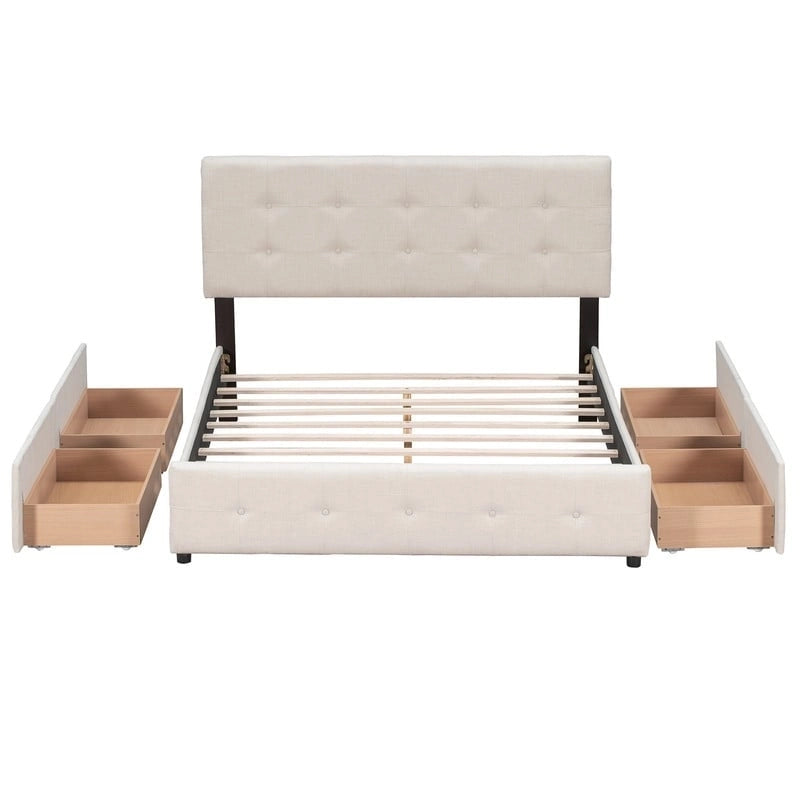 Upholstered Queen Size Platform Bed with 4 Drawers & Classic Headboard Design,Linen Fabric Bedframe