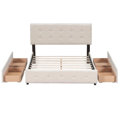 Upholstered Queen Size Platform Bed with 4 Drawers & Classic Headboard Design,Linen Fabric Bedframe