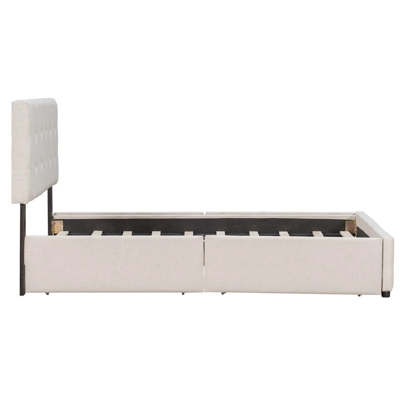 Upholstered Queen Size Platform Bed with 4 Drawers & Classic Headboard Design,Linen Fabric Bedframe