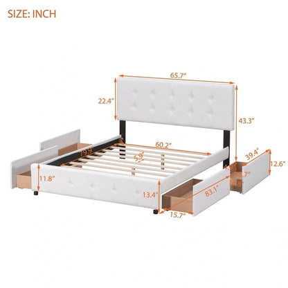Upholstered Queen Size Platform Bed with 4 Drawers & Classic Headboard Design,Linen Fabric Bedframe