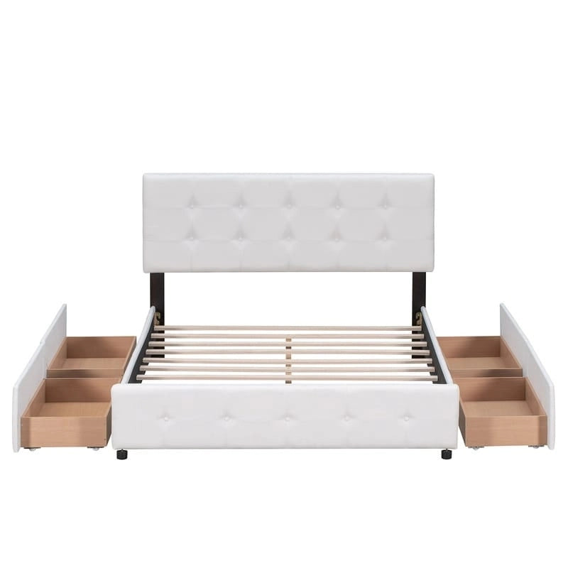 Upholstered Queen Size Platform Bed with 4 Drawers & Classic Headboard Design,Linen Fabric Bedframe