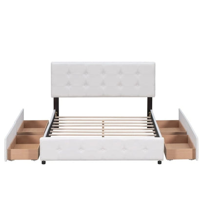 Upholstered Queen Size Platform Bed with 4 Drawers & Classic Headboard Design,Linen Fabric Bedframe