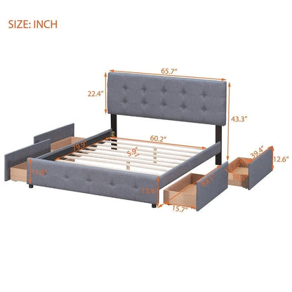 Upholstered Queen Size Platform Bed with 4 Drawers & Classic Headboard Design,Linen Fabric Bedframe
