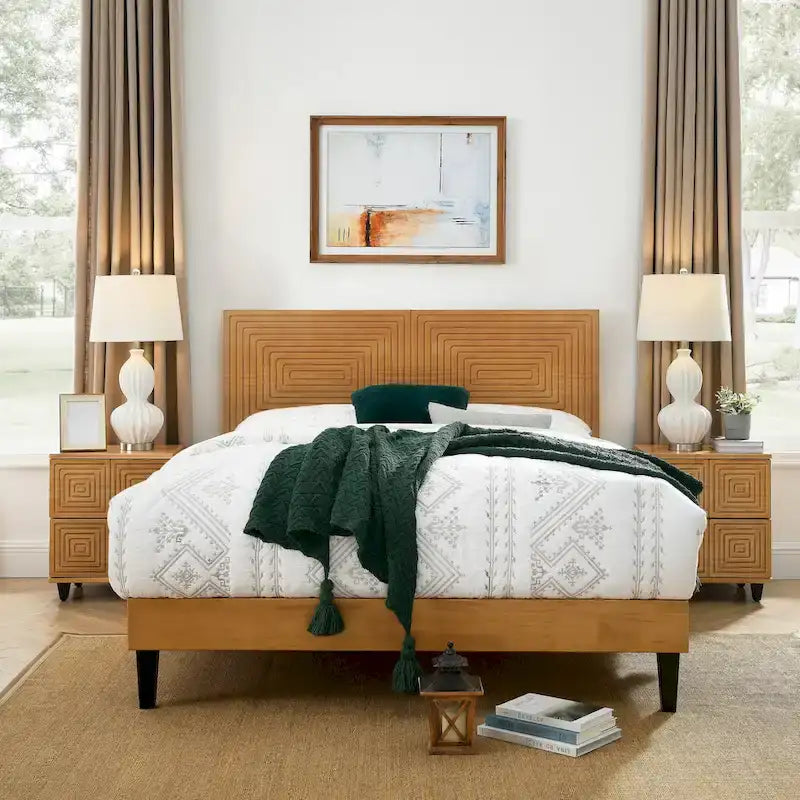 MUSEHOMEINC Mid Century Modern Solid Wood Platform Bed,Bed Frame with Adjustable Height Headboard,No Box Spring Needed