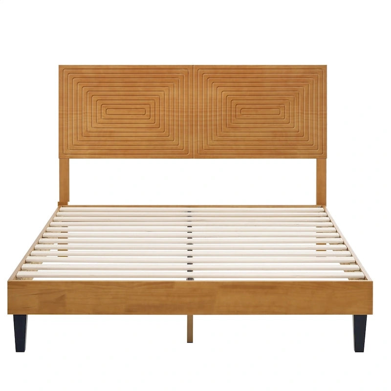 MUSEHOMEINC Mid Century Modern Solid Wood Platform Bed,Bed Frame with Adjustable Height Headboard,No Box Spring Needed