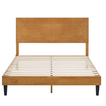 MUSEHOMEINC Mid Century Modern Solid Wood Platform Bed,Bed Frame with Adjustable Height Headboard,No Box Spring Needed