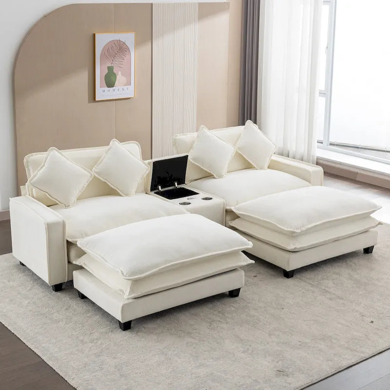 112.6 Sectional Sofa Chenille Upholstered Sofa with Two Removable Ottoman, Two USB Ports, Two Cup Holders and Large Storage Box