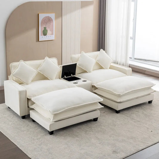 112.6 Sectional Sofa Chenille Upholstered Sofa with Two Removable Ottoman, Two USB Ports, Two Cup Holders and Large Storage Box