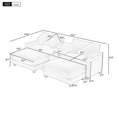 112.6 Sectional Sofa Chenille Upholstered Sofa with Two Removable Ottoman, Two USB Ports, Two Cup Holders and Large Storage Box