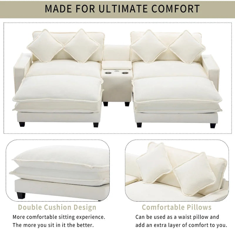 112.6 Sectional Sofa Chenille Upholstered Sofa with Two Removable Ottoman, Two USB Ports, Two Cup Holders and Large Storage Box