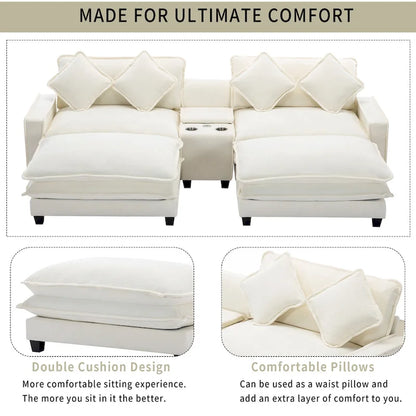 112.6 Sectional Sofa Chenille Upholstered Sofa with Two Removable Ottoman, Two USB Ports, Two Cup Holders and Large Storage Box