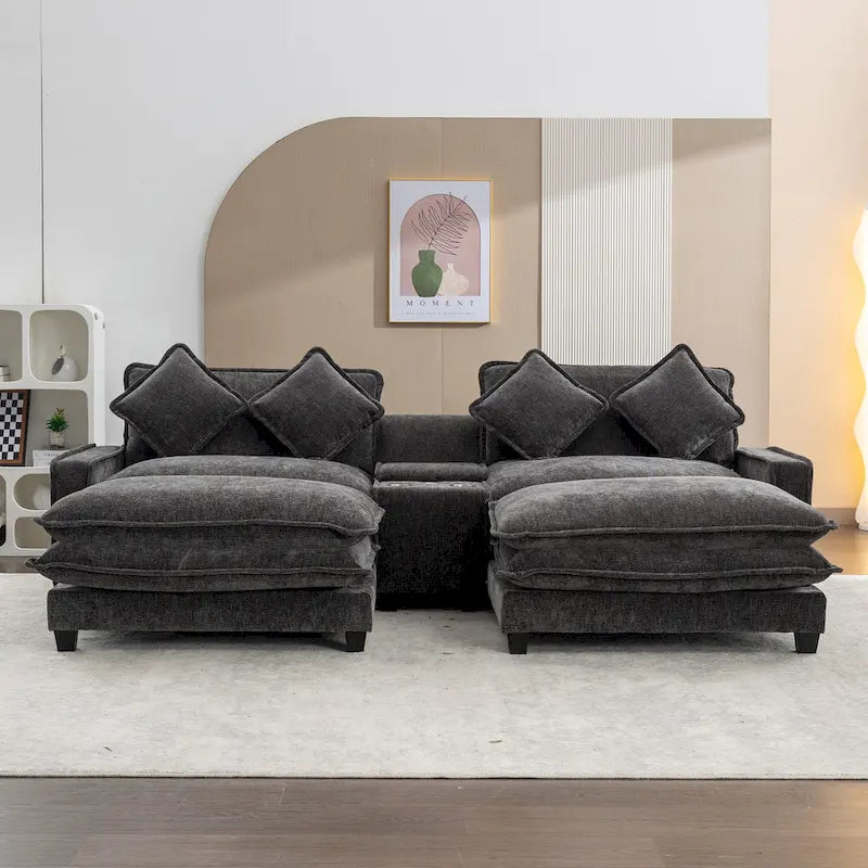 112.6 Sectional Sofa Chenille Upholstered Sofa with Two Removable Ottoman, Two USB Ports, Two Cup Holders and Large Storage Box
