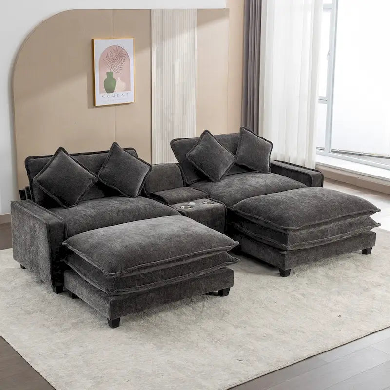 112.6 Sectional Sofa Chenille Upholstered Sofa with Two Removable Ottoman, Two USB Ports, Two Cup Holders and Large Storage Box