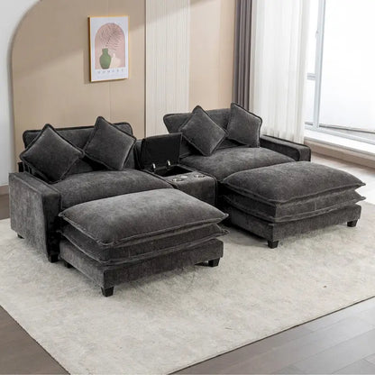 112.6 Sectional Sofa Chenille Upholstered Sofa with Two Removable Ottoman, Two USB Ports, Two Cup Holders and Large Storage Box