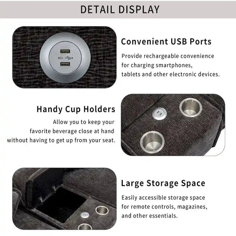 112.6 Sectional Sofa Chenille Upholstered Sofa with Two Removable Ottoman, Two USB Ports, Two Cup Holders and Large Storage Box