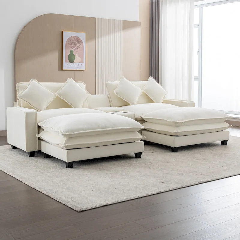 112.6 Sectional Sofa Chenille Upholstered Sofa with Two Removable Ottoman, Two USB Ports, Two Cup Holders and Large Storage Box