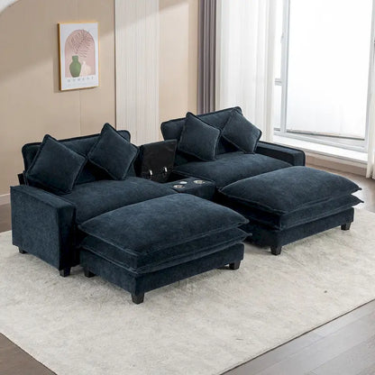 112.6 Sectional Sofa Chenille Upholstered Sofa with Two Removable Ottoman, Two USB Ports, Two Cup Holders and Large Storage Box