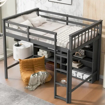Twin Size Loft Bed with 8 Open Storage Shelves and Built-in Ladder, Gary