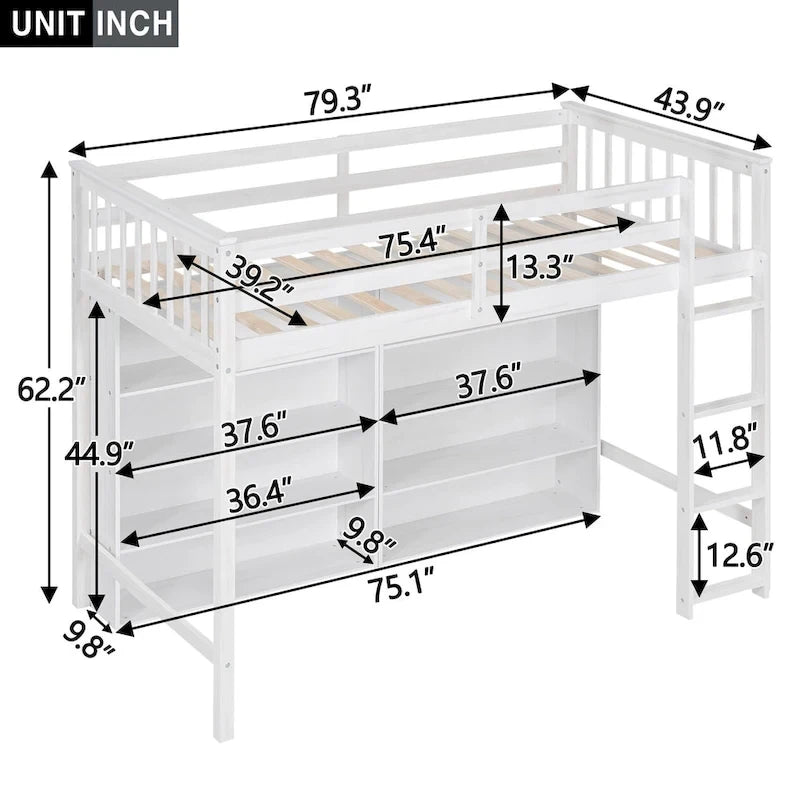 Twin Size Loft Bed with 8 Open Storage Shelves and Built-in Ladder, Gary