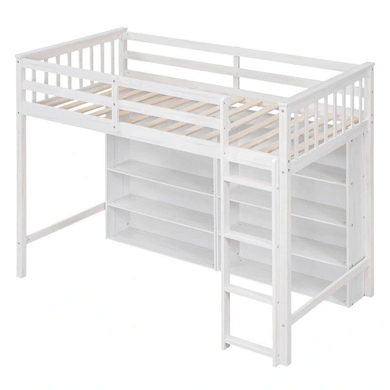 Twin Size Loft Bed with 8 Open Storage Shelves and Built-in Ladder, Gary