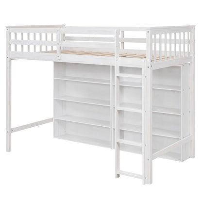 Twin Size Loft Bed with 8 Open Storage Shelves and Built-in Ladder, Gary