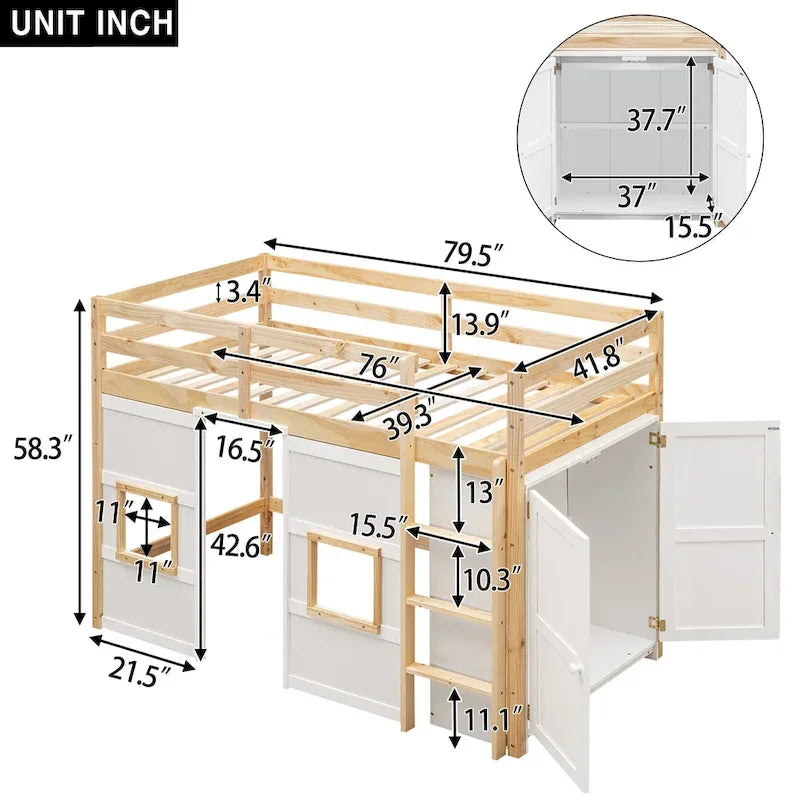 Wood Twin Size Loft Bed with Built-in Storage Wardrobe and 2 Windows, Gray