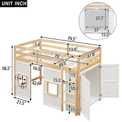 Wood Twin Size Loft Bed with Built-in Storage Wardrobe and 2 Windows, Gray