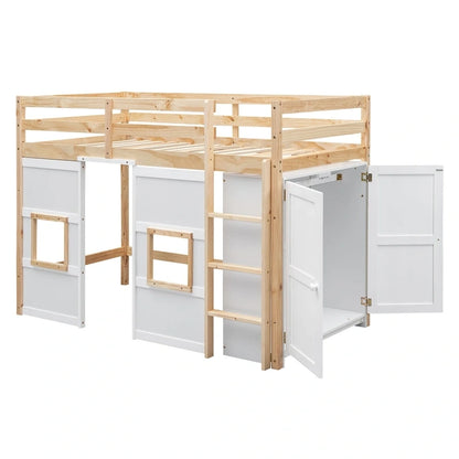 Wood Twin Size Loft Bed with Built-in Storage Wardrobe and 2 Windows, Gray