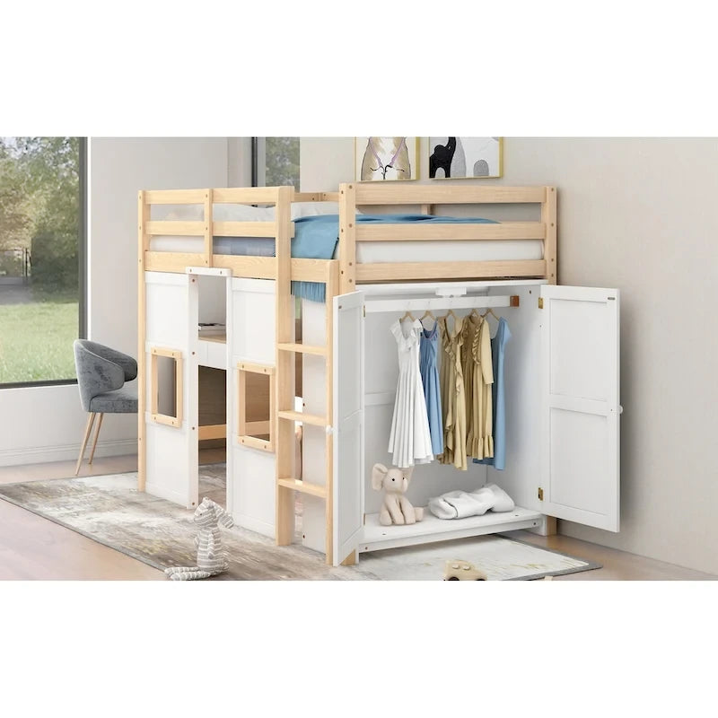 Wood Twin Size Loft Bed with Built-in Storage Wardrobe and 2 Windows, Gray