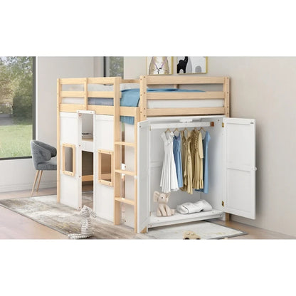 Wood Twin Size Loft Bed with Built-in Storage Wardrobe and 2 Windows, Gray