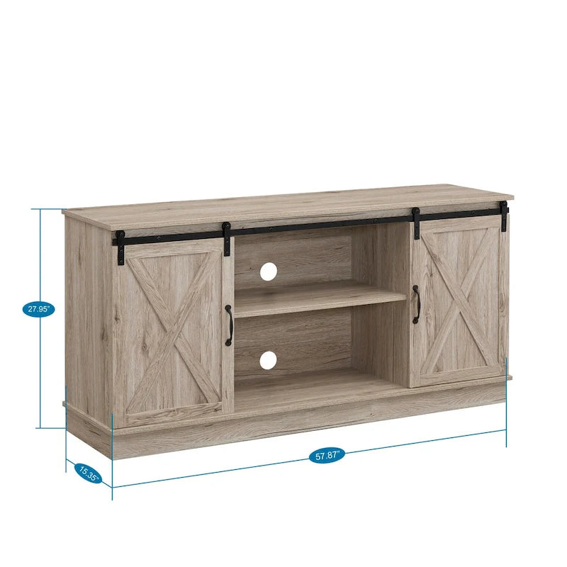 Farmhouse Rustic Wooden 60 TV Stand with Storage Console Cabinet, Sliding Barn Doors Entertainment Center
