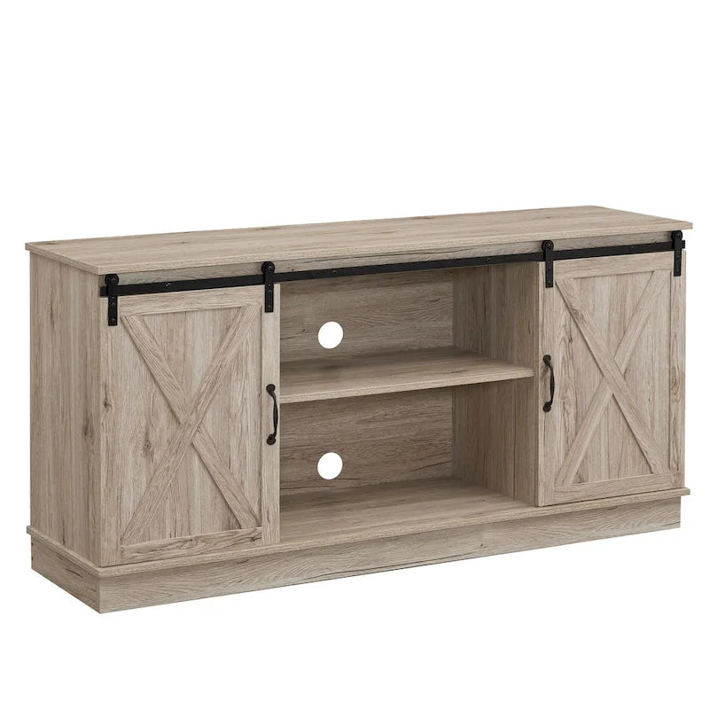 Farmhouse Rustic Wooden 60 TV Stand with Storage Console Cabinet, Sliding Barn Doors Entertainment Center