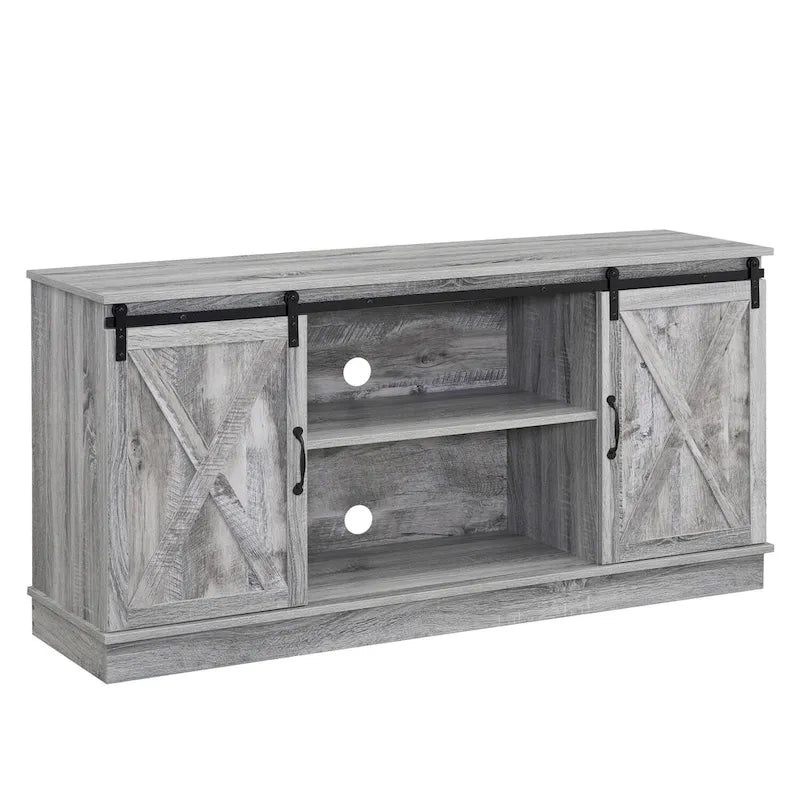 Farmhouse Rustic Wooden 60 TV Stand with Storage Console Cabinet, Sliding Barn Doors Entertainment Center