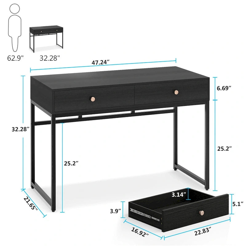 47 inch Home Office Desk Study Writing Table with 2 Storage Drawers