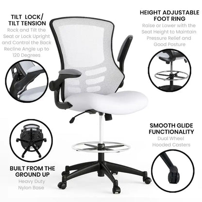Mid-Back Ergonomic Drafting Chair with Adjustable Foot Ring and Flip-Up Arms