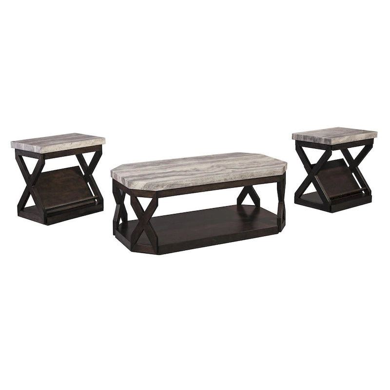 Faux Marble Table Set with 1 Coffee Table and 2 End Tables, Gray and Brown
