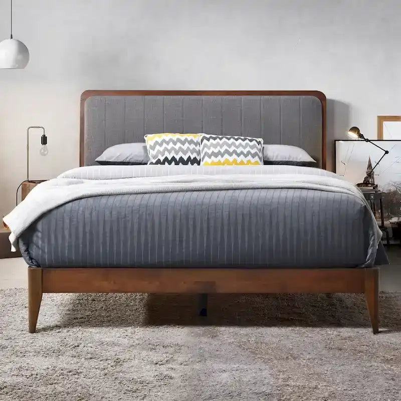 Raven Grey Upholstered Walnut Wood Queen Platform Bed Frame