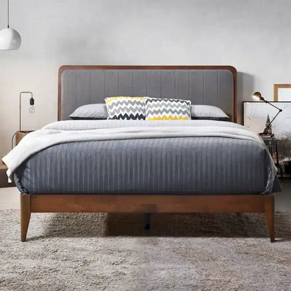 Raven Grey Upholstered Walnut Wood Queen Platform Bed Frame